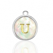 Roestvrij stalen (RVS) Stainless steel bedels 12mm shell initial U White (natuurlijke kleur)-silver
