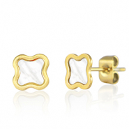 Roestvrij stalen (RVS) Stainless steel oorbellen / oorstekers bloem Goud-parelwit