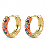 Brass TQ metaal creolen met enamel flower Gold-orange blue