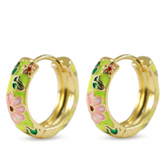 Brass TQ metaal creolen met enamel flower Gold-pink yellow