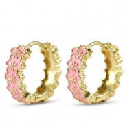 Brass TQ metaal creolen met enamel flower Gold-pink