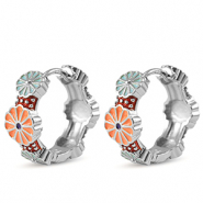 Brass TQ metaal creolen met enamel flower Silver-orange blue