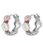 Brass TQ metaal creolen met enamel flower Silver-white pink