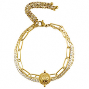 Roestvrij stalen (RVS) Stainless steel armbanden triple layer & strass Gold