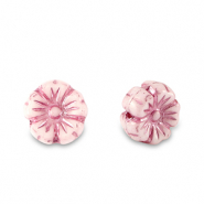 Czech kralen bloem 7mm Magenta pink metallic-white