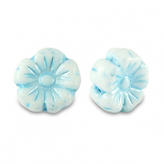 Czech kralen bloem 9mm Light blue metallic-white