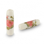 Glaskralen tube bloem White-rose red
