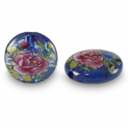Glaskralen 14mm bloem Blue transparent-rose red