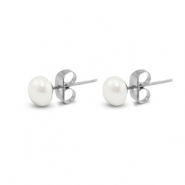 Roestvrij stalen (RVS) Stainless steel oorbellen / oorstekers parels 6mm Silver-pearl white