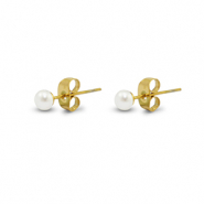 Roestvrij stalen (RVS) Stainless steel oorbellen / oorstekers parels 4mm Gold-pearl white