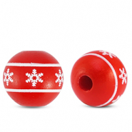 Houten kralen rond 16mm sneeuwvlok Red-white