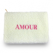 Etui van teddystof "AMOUR" Off white-pink