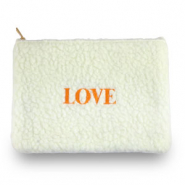 Etui van teddystof "LOVE" Off white-orange