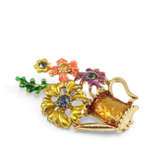Broches bloemen in gieter Multicolour-gold