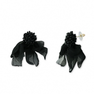 Trendy oorbellen/oorstekers chiffon bloem Black-gold