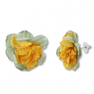 Trendy oorbellen/oorstekers chiffon bloem Green-yellow-silver