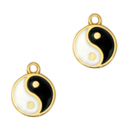 Bedels DQ metaal symbol Yin & Yang 15mm Goud-zwart-wit (nikkelvrij)