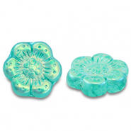 Czech kralen boho flower 14mm Transparent turquoise green-AB coating