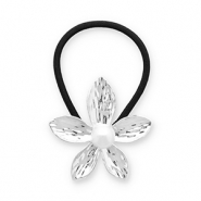 Haaraccessoires haarelastiek met metaal bloem met imitatieparel Silver-black-white