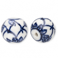 Kralen keramiek 15mm met blad Off white-Delft blue