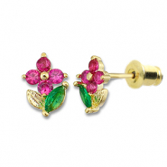 Brass TQ metaal oorbellen / oorstekers bloem Gold-dark pink-green