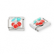 Roestvrij stalen (RVS) Stainless steel Italian charms losse schakels kersen Silver-red-green