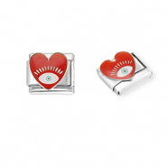 Roestvrij stalen (RVS) Stainless steel Italian charms losse schakels hart met Alziend oog Silver-dark red-white