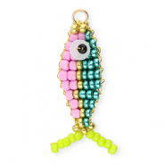 BY31® Bedels van glaskralen vis Metallic teal blue-pastel lilac-gold-lime green