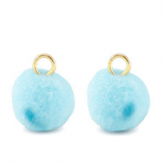 Pompom bedels met oog 10mm Gold-aquamarine blue