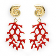 Trendy oorbellen&nbsp;/&nbsp;oorstekers enamel schelp & koraal met RVS steker Gold-dark red
