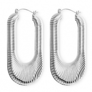 Statement oorbellen&nbsp;/&nbsp;creolen ovaal geribbeld met RVS steker Silver