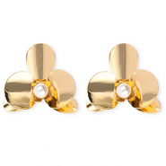 Statement oorbellen&nbsp;/&nbsp;oorstekers bloem met imitatieparel met RVS steker Gold-white