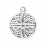 Roestvrij stalen (RVS) Stainless steel bedels rond met bloem Silver