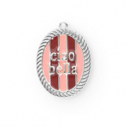 BY31® Eco-brass metaal bedels met enamel ovaal Ciao bella"" Silver-light pink-red