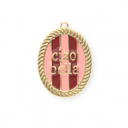 BY31® Eco-brass metaal bedels met enamel ovaal Ciao bella"" Gold-light pink-red