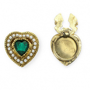 Button covers hart met imitatieparels Antique gold-emerald green-white