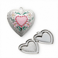 Roestvrij stalen (RVS) Stainless steel medaillon bedels met enamel hart met bloemen Silver-pink-green