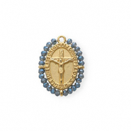 Roestvrij stalen (RVS) Stainless steel bedels ovaal met kruisbeeld Gold-blue