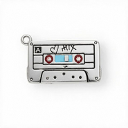Roestvrij stalen (RVS) Stainless steel bedels met enamel cassettebandje Silver-light blue-red