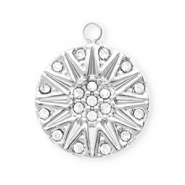 Roestvrij stalen (RVS) Stainless steel bedels met strass rond met zon Silver-crystal