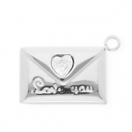 Roestvrij stalen (RVS) Stainless steel bedels met strass envelop "Love you" Silver-crystal