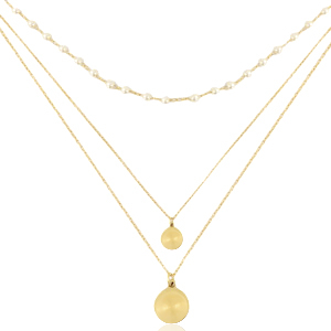 Roestvrij stalen (RVS) Stainless steel kettingen 3 layer coin & pearl Goud