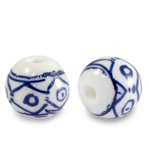 Kralen keramiek 10mm White-Delft blue