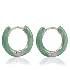 Roestvrij stalen (RVS) Stainless steel oorbellen creolen enamel 16mm Persian green-silver