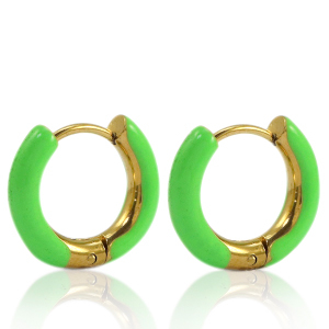 Roestvrij stalen (RVS) Stainless steel oorbellen creolen enamel 16mm Bright green-gold