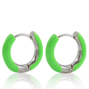 Roestvrij stalen (RVS) Stainless steel oorbellen creolen enamel 16mm Bright green-silver