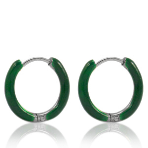 Roestvrij stalen (RVS) Stainless steel oorbellen creolen enamel 14mm Sacramento green-silver