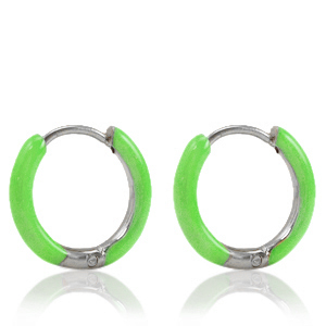 Roestvrij stalen (RVS) Stainless steel oorbellen creolen enamel 14mm Bright green-silver