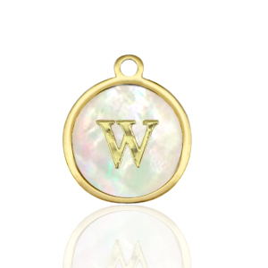 Roestvrij stalen (RVS) Stainless steel bedels 12mm shell initial W White (natuurlijke kleur)-gold