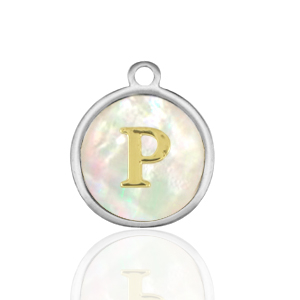 Roestvrij stalen (RVS) Stainless steel bedels 12mm shell initial P White (natuurlijke kleur)-silver